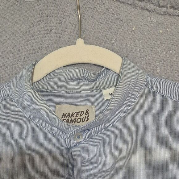 Naked & Famous Men's Cotton Mock Neck Crinkle Horizontal Stripes Shirt Medium - Picture 2 of 8